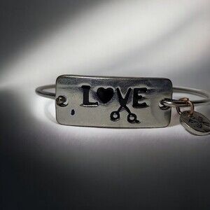 Metal Bracelet Cuff LOVE with scissors charm Beautician 8"